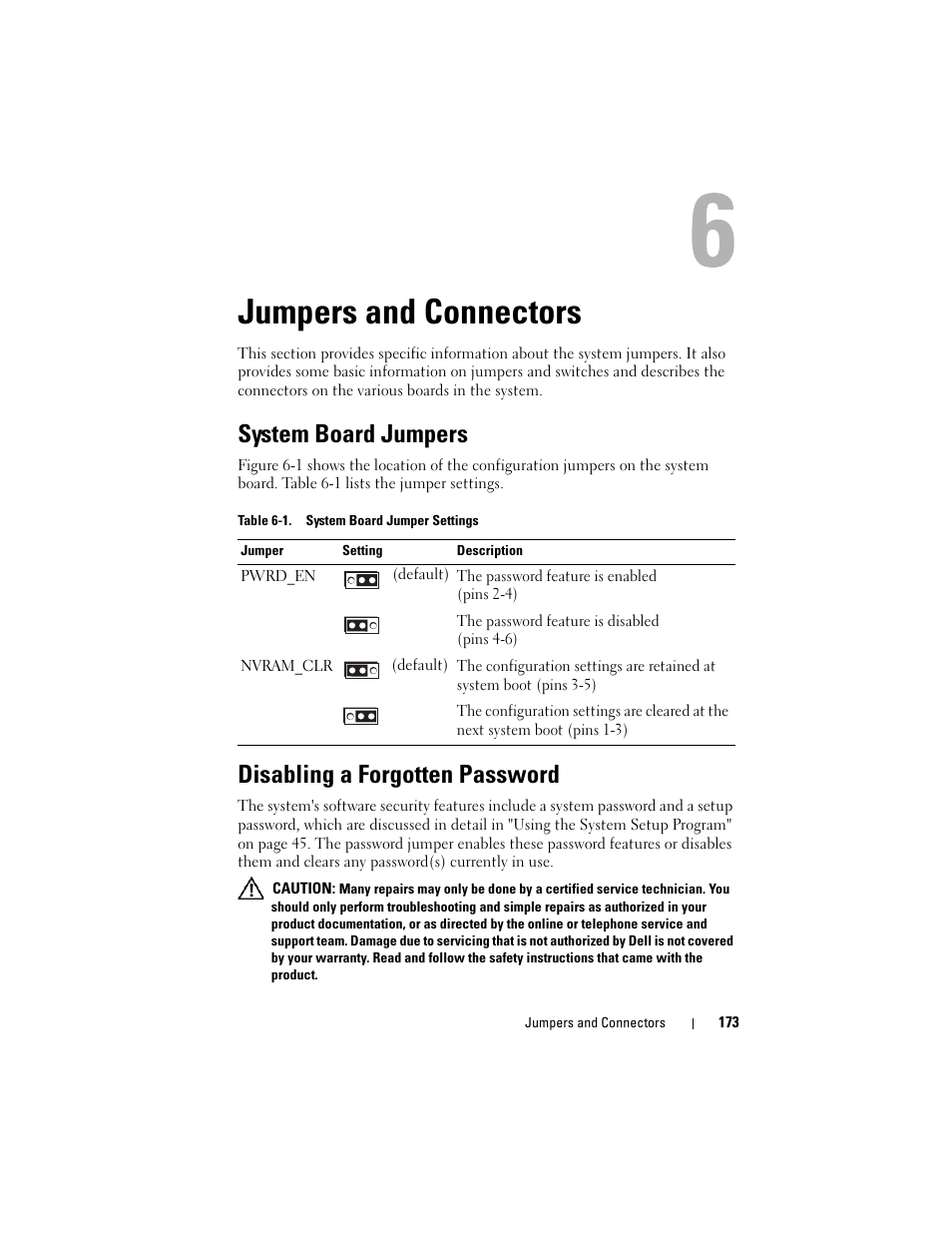 Jumpers and connectors, System board jumpers, Disabling a forgotten password | Dell PowerEdge R905 User Manual | Page 173 / 202