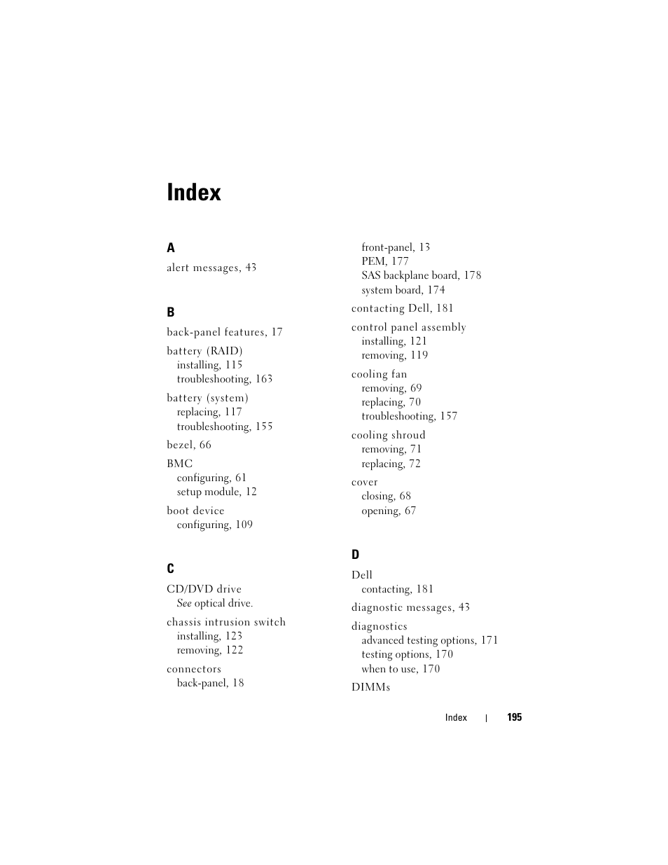 Index | Dell PowerEdge R905 User Manual | Page 195 / 202