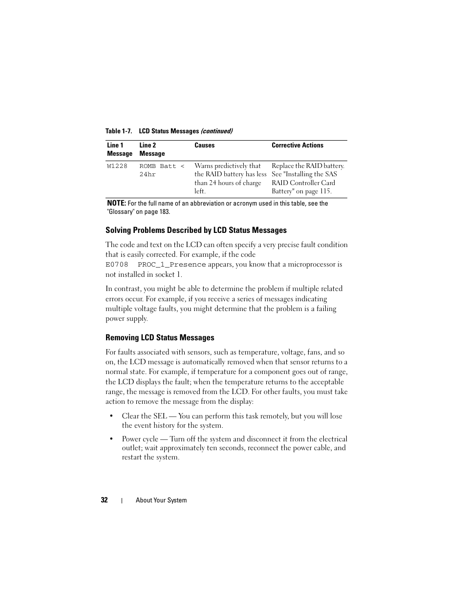 Solving problems described by lcd status messages, Removing lcd status messages | Dell PowerEdge R905 User Manual | Page 32 / 202