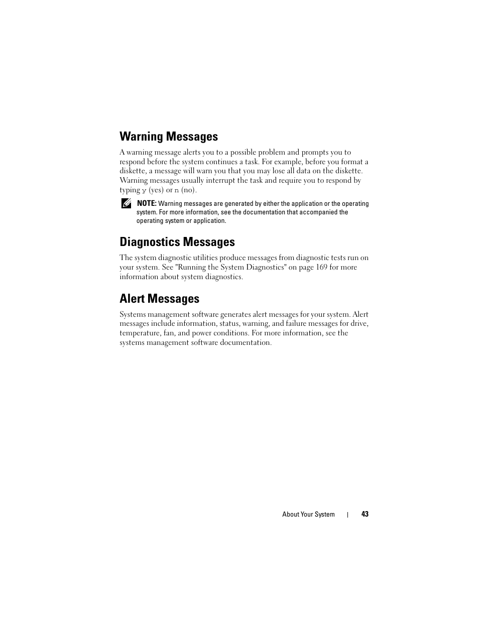 Warning messages, Diagnostics messages, Alert messages | Dell PowerEdge R905 User Manual | Page 43 / 202