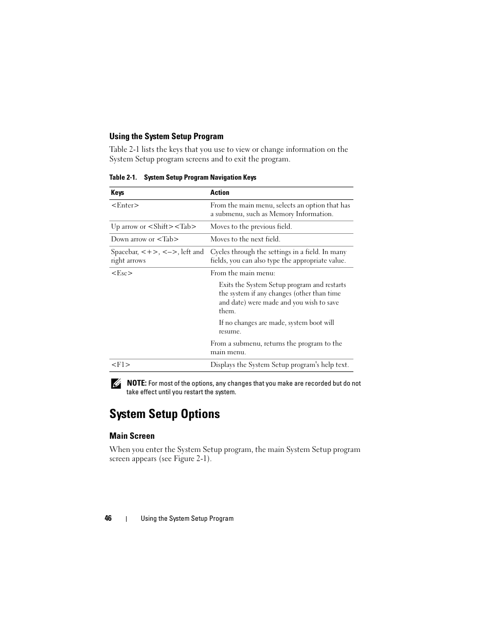 Using the system setup program, System setup options, Main screen | Dell PowerEdge R905 User Manual | Page 46 / 202