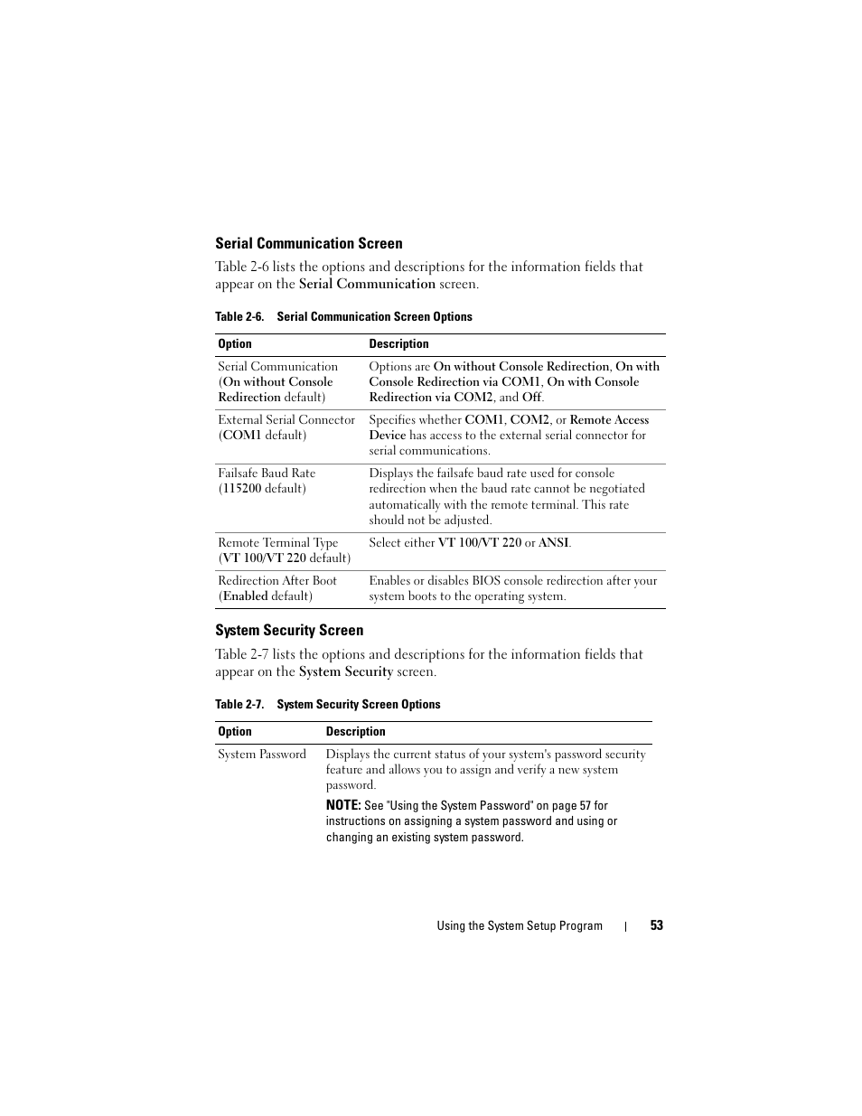 Serial communication screen, System security screen | Dell PowerEdge R905 User Manual | Page 53 / 202