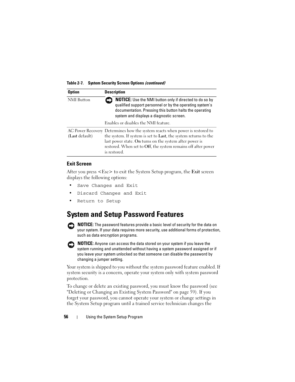 Exit screen, System and setup password features | Dell PowerEdge R905 User Manual | Page 56 / 202