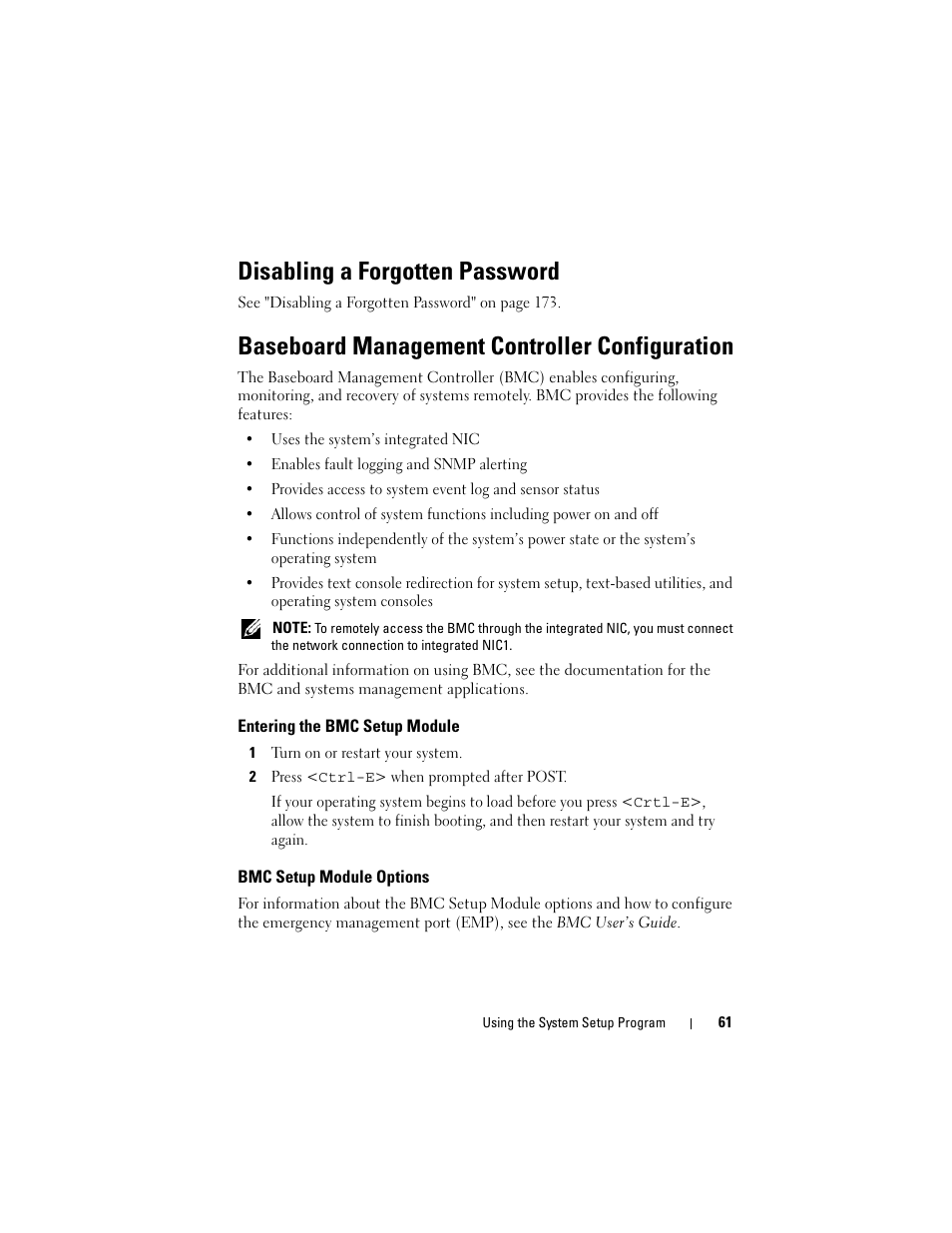 Disabling a forgotten password, Baseboard management controller configuration, Entering the bmc setup module | Bmc setup module options | Dell PowerEdge R905 User Manual | Page 61 / 202