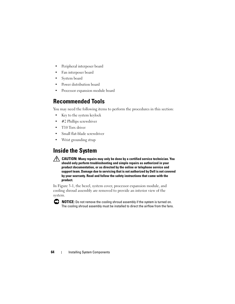 Recommended tools, Inside the system | Dell PowerEdge R905 User Manual | Page 64 / 202