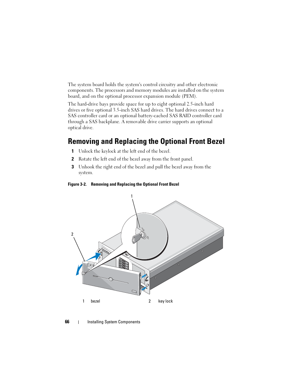 Removing and replacing the optional front bezel | Dell PowerEdge R905 User Manual | Page 66 / 202