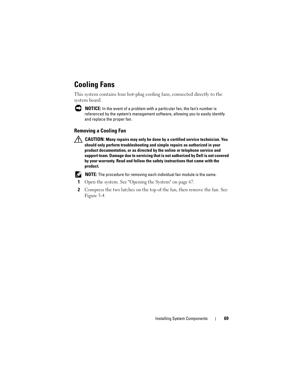 Cooling fans, Removing a cooling fan | Dell PowerEdge R905 User Manual | Page 69 / 202