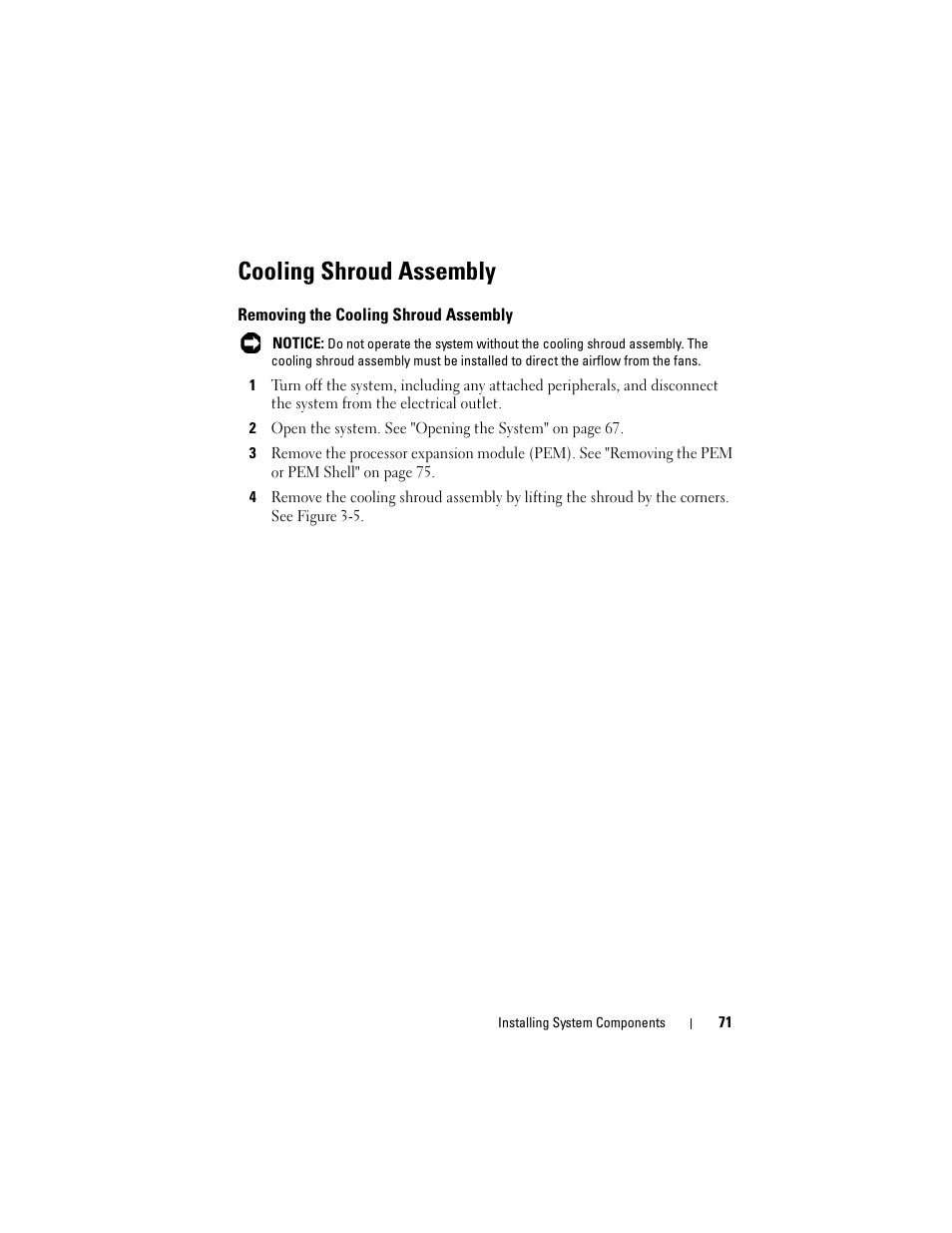 Cooling shroud assembly, Removing the cooling shroud assembly | Dell PowerEdge R905 User Manual | Page 71 / 202