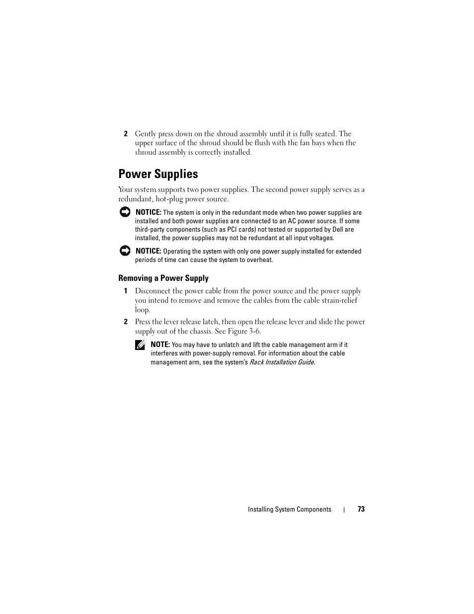 Power supplies, Removing a power supply | Dell PowerEdge R905 User Manual | Page 73 / 202
