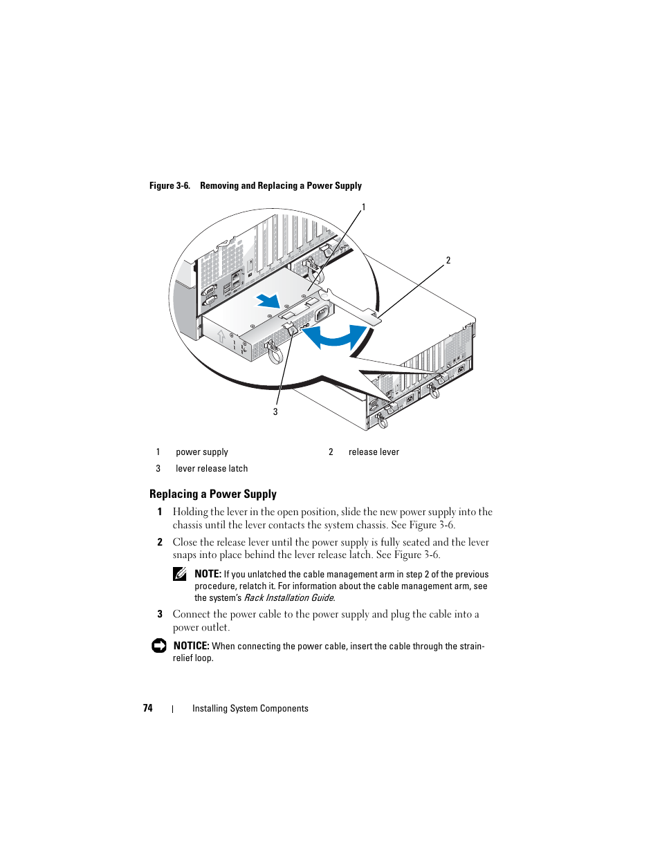 Replacing a power supply | Dell PowerEdge R905 User Manual | Page 74 / 202