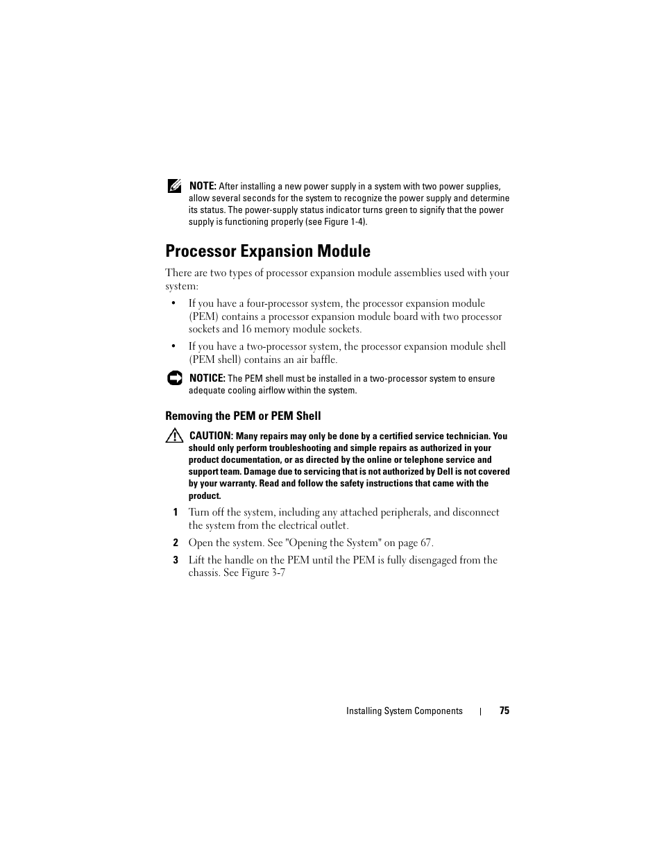 Processor expansion module, Removing the pem or pem shell | Dell PowerEdge R905 User Manual | Page 75 / 202