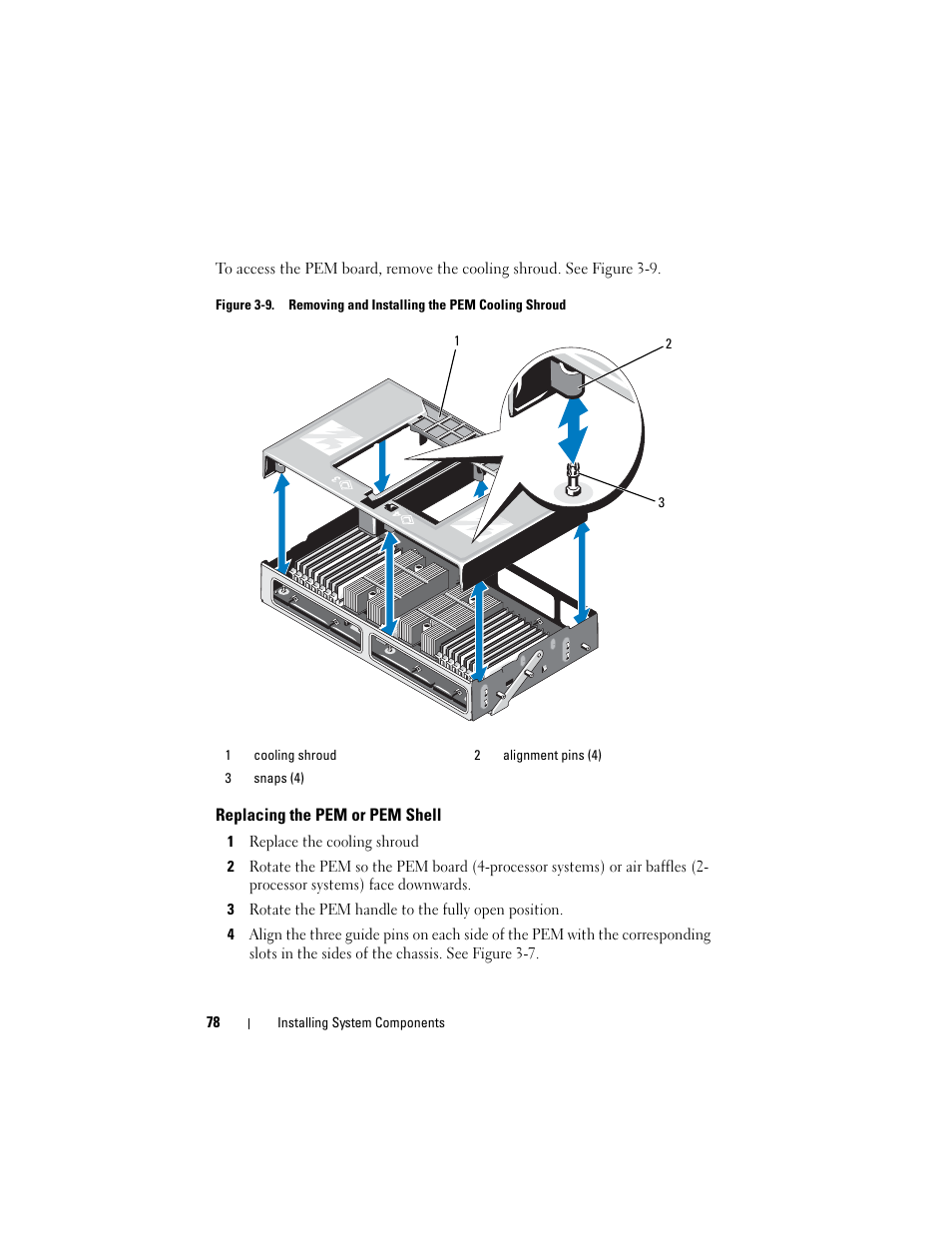 Replacing the pem or pem shell | Dell PowerEdge R905 User Manual | Page 78 / 202