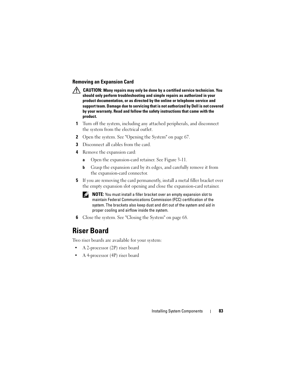 Removing an expansion card, Riser board | Dell PowerEdge R905 User Manual | Page 83 / 202