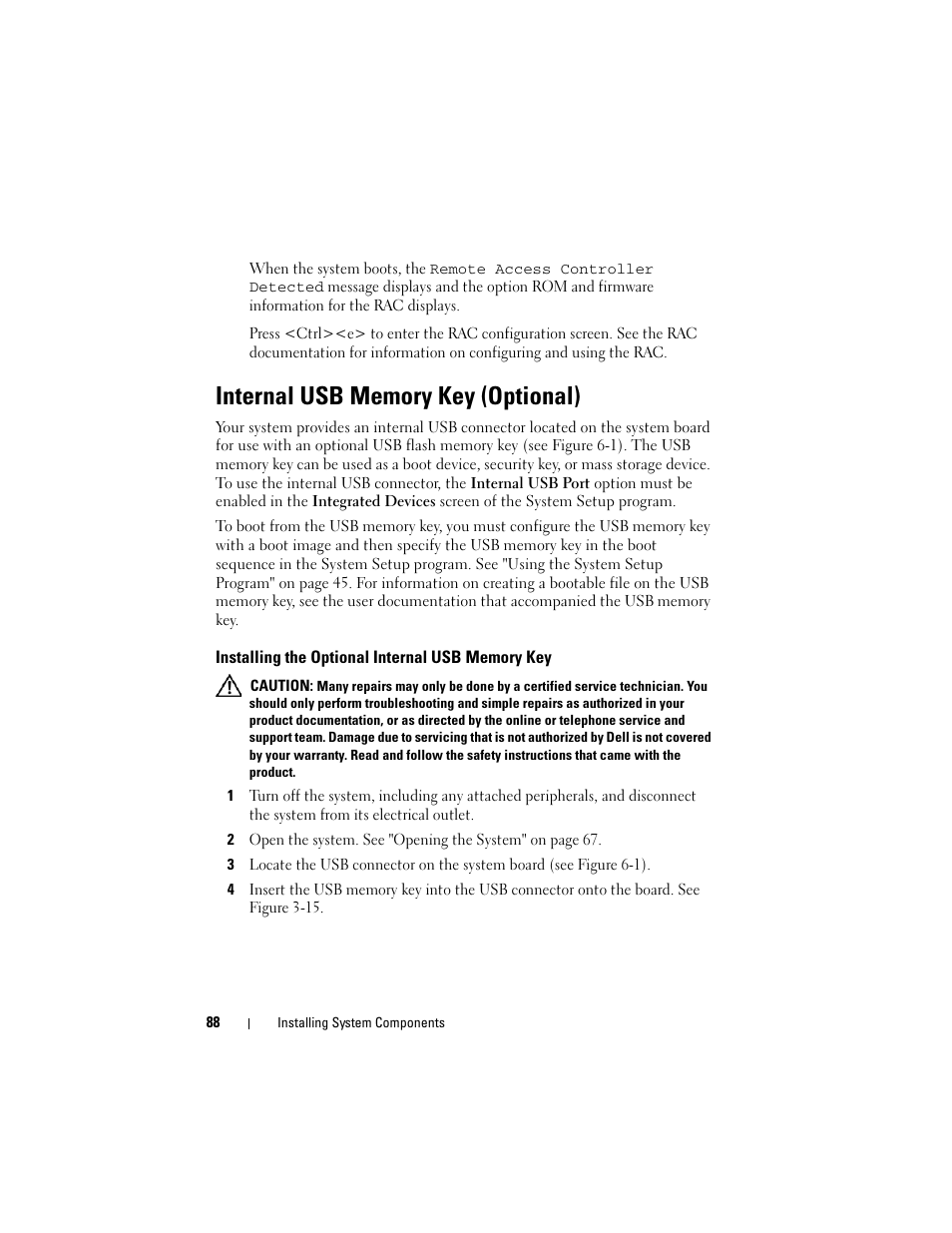 Internal usb memory key (optional), Installing the optional internal usb memory key | Dell PowerEdge R905 User Manual | Page 88 / 202