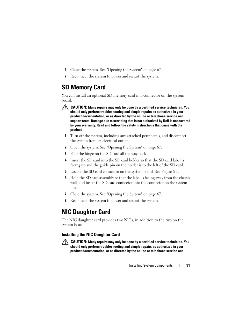 Sd memory card, Nic daughter card, Installing the nic daughter card | Dell PowerEdge R905 User Manual | Page 91 / 202