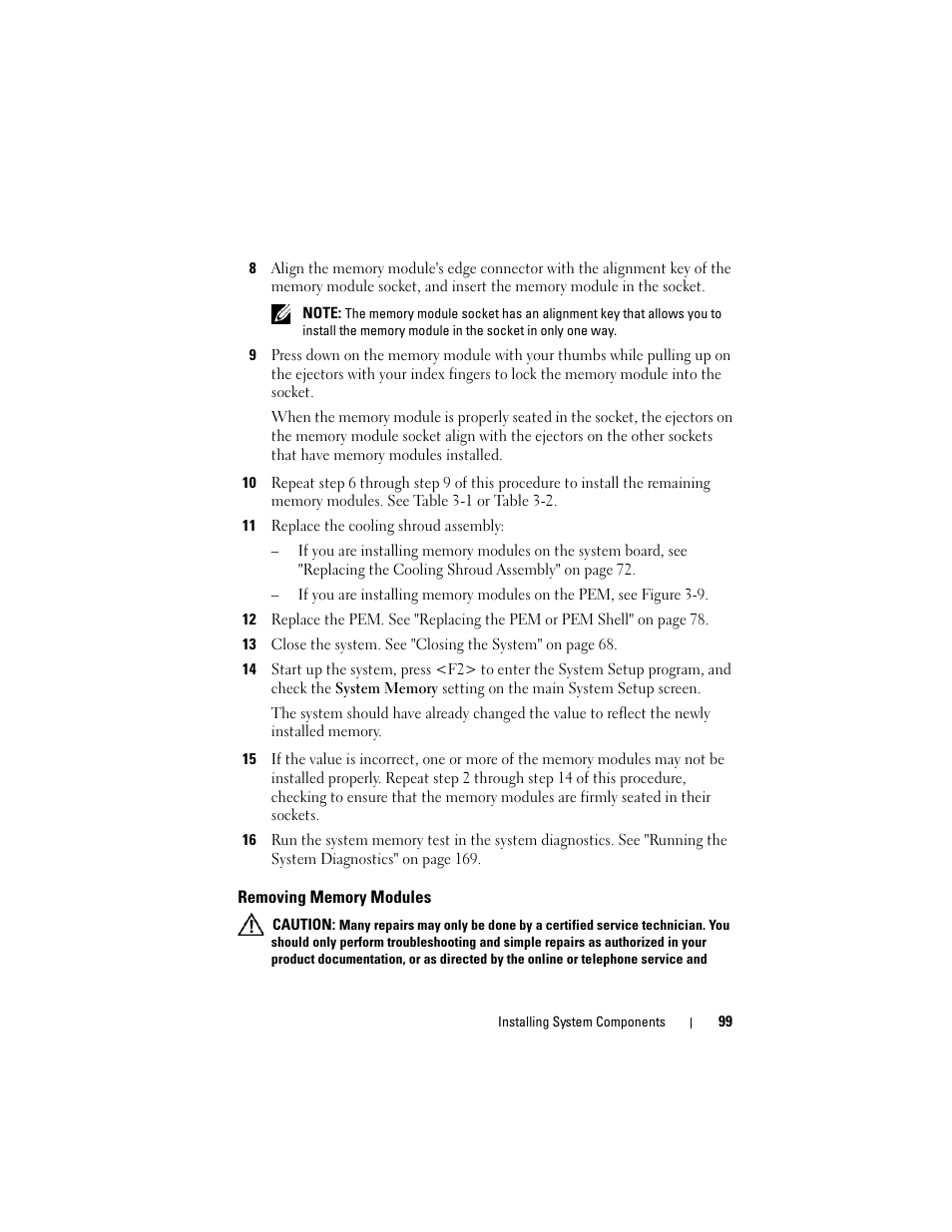 Removing memory modules | Dell PowerEdge R905 User Manual | Page 99 / 202