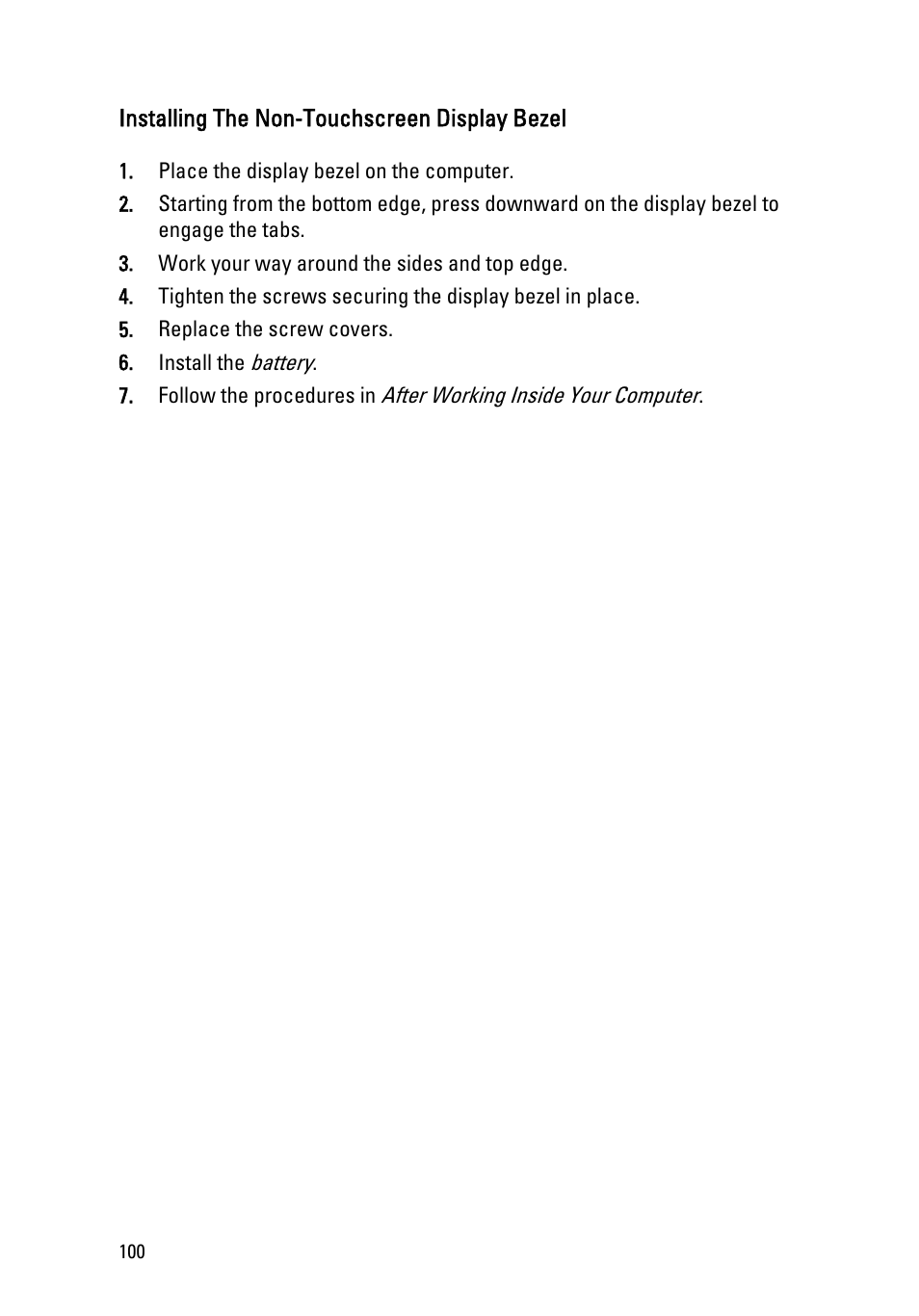 Installing the non-touchscreen display bezel | Dell Precision M4600 (Early 2011) User Manual | Page 100 / 142