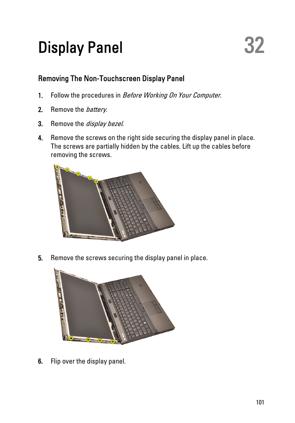 Display panel, Removing the non-touchscreen display panel, 32 display panel | Dell Precision M4600 (Early 2011) User Manual | Page 101 / 142