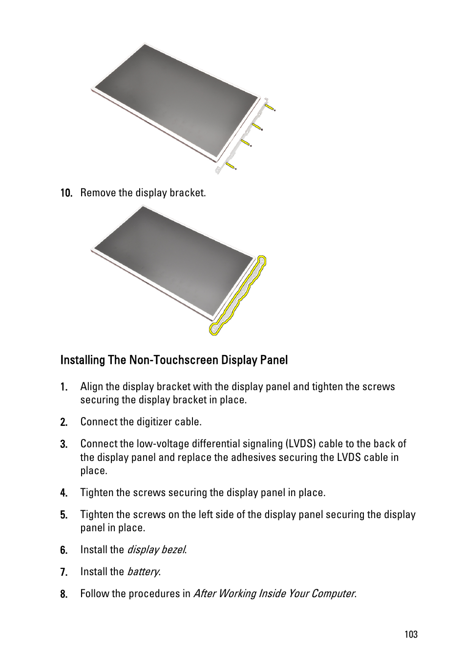 Installing the non-touchscreen display panel | Dell Precision M4600 (Early 2011) User Manual | Page 103 / 142