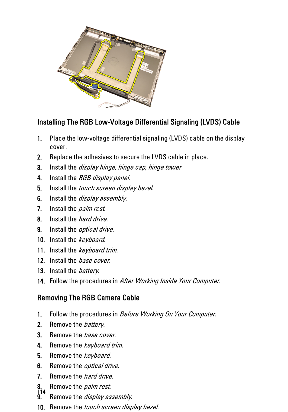 Removing the rgb camera cable | Dell Precision M4600 (Early 2011) User Manual | Page 114 / 142