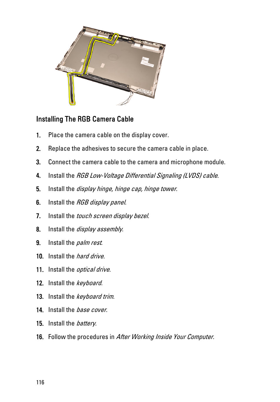 Installing the rgb camera cable | Dell Precision M4600 (Early 2011) User Manual | Page 116 / 142