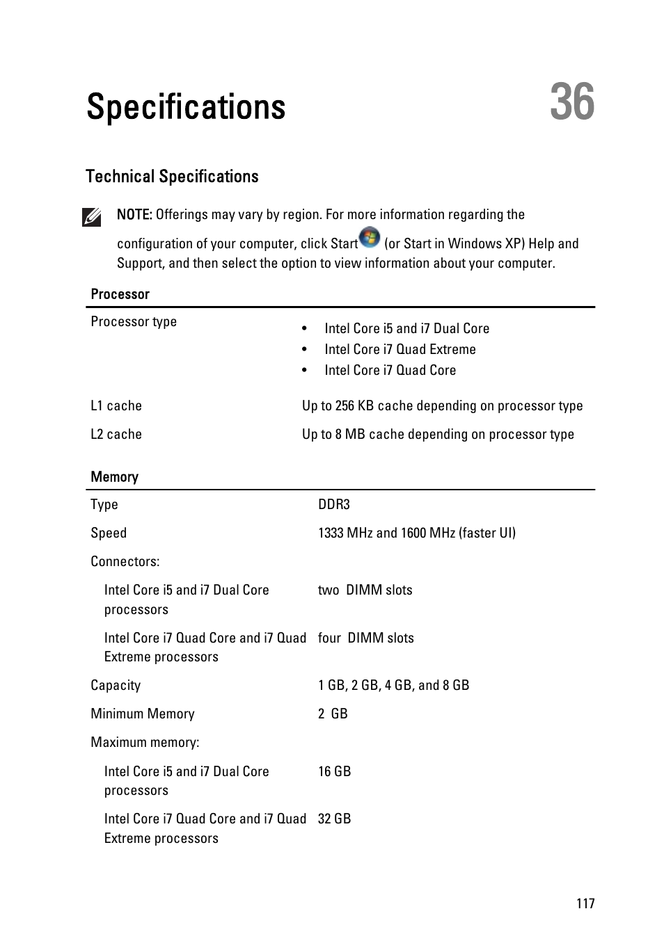 Specifications, Technical specifications, 36 specifications | Dell Precision M4600 (Early 2011) User Manual | Page 117 / 142