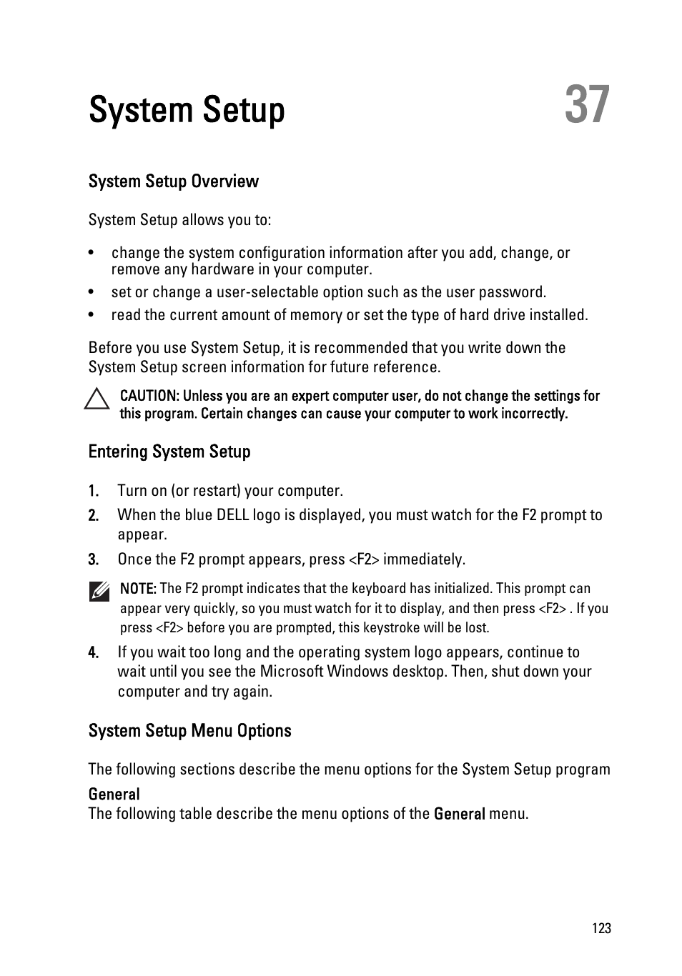 System setup, System setup overview, Entering system setup | System setup menu options, 37 system setup | Dell Precision M4600 (Early 2011) User Manual | Page 123 / 142