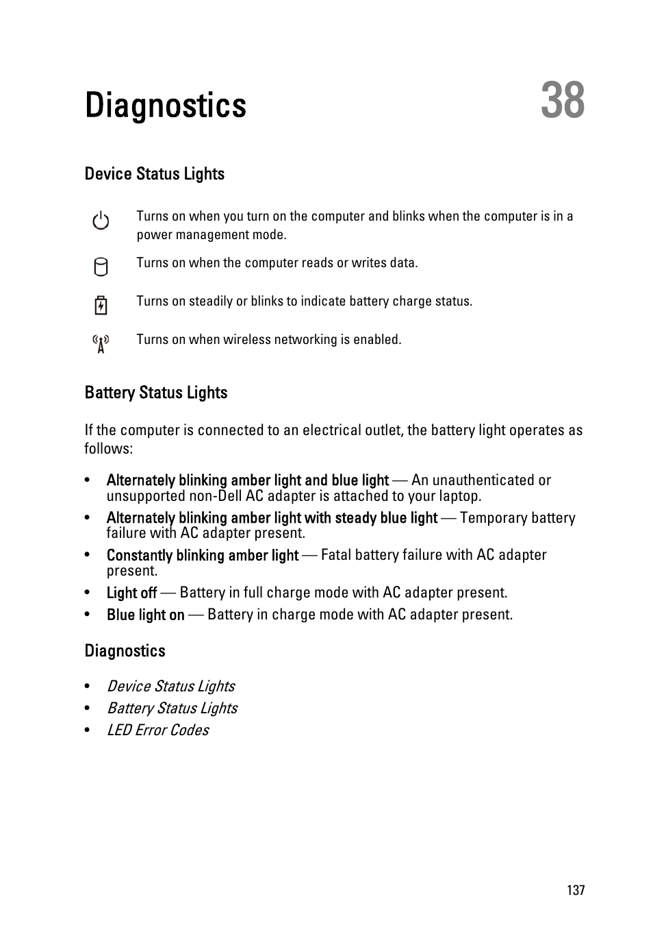 Diagnostics, Device status lights, Battery status lights | 38 diagnostics | Dell Precision M4600 (Early 2011) User Manual | Page 137 / 142
