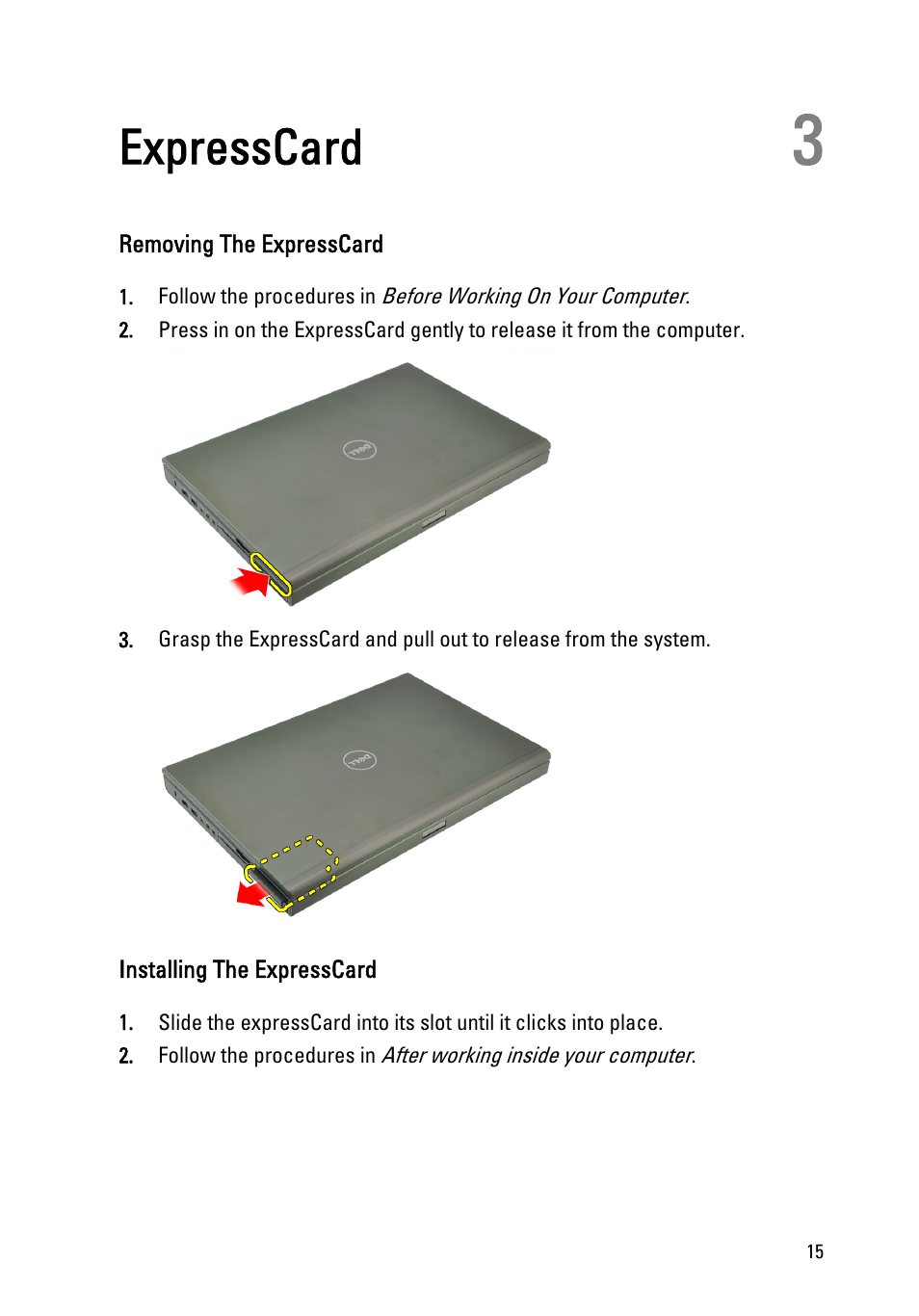 Expresscard, Removing the expresscard, Installing the expresscard | 3 expresscard | Dell Precision M4600 (Early 2011) User Manual | Page 15 / 142