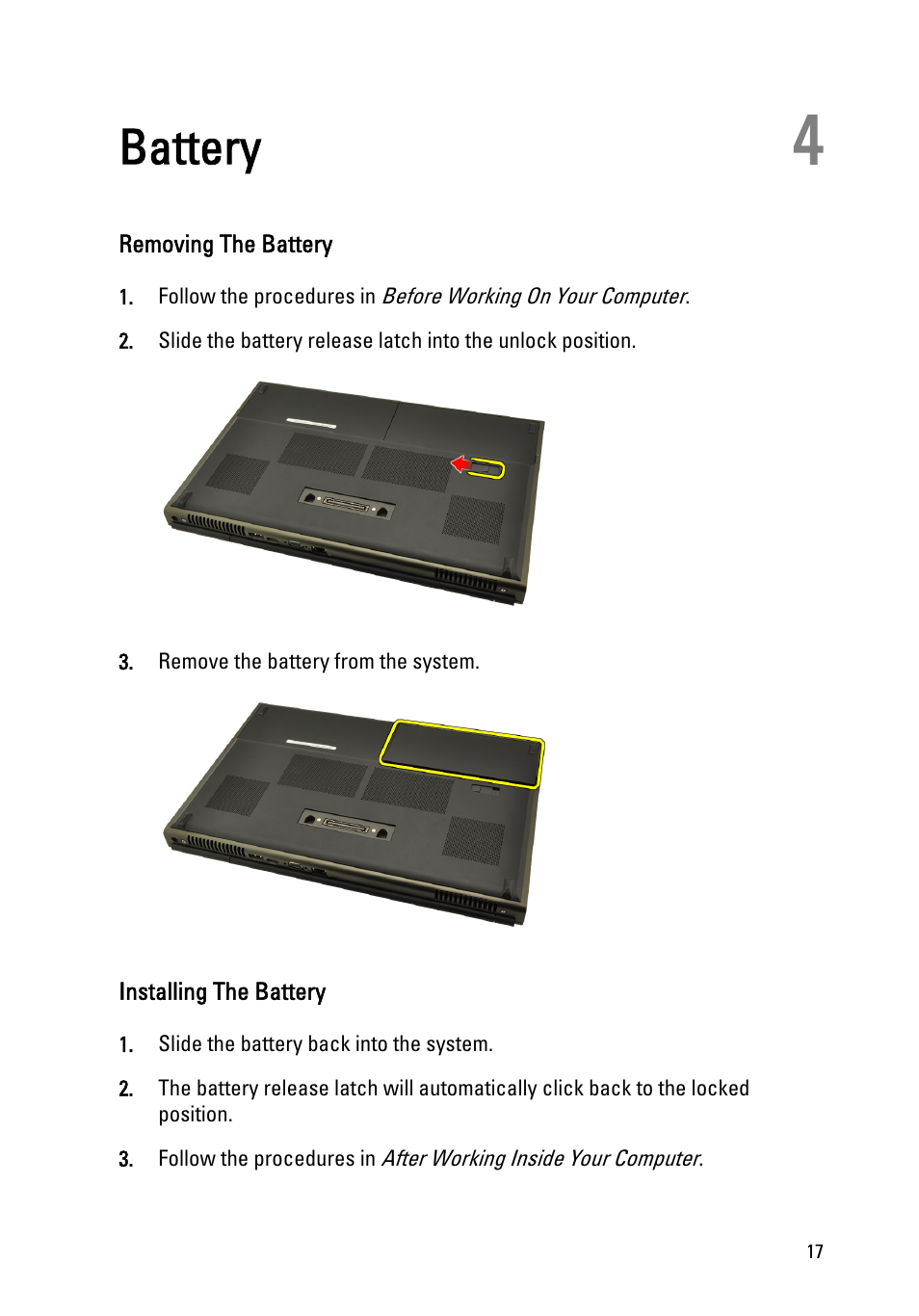 Battery, Removing the battery, Installing the battery | 4 battery | Dell Precision M4600 (Early 2011) User Manual | Page 17 / 142