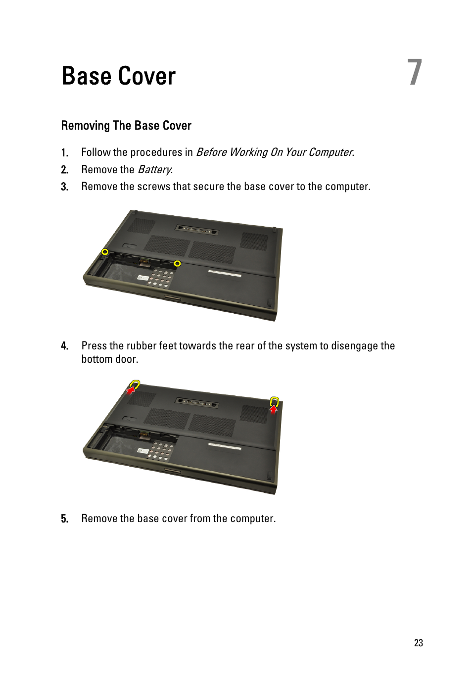 Base cover, Removing the base cover, 7 base cover | Dell Precision M4600 (Early 2011) User Manual | Page 23 / 142