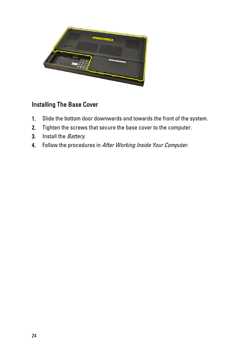 Installing the base cover | Dell Precision M4600 (Early 2011) User Manual | Page 24 / 142