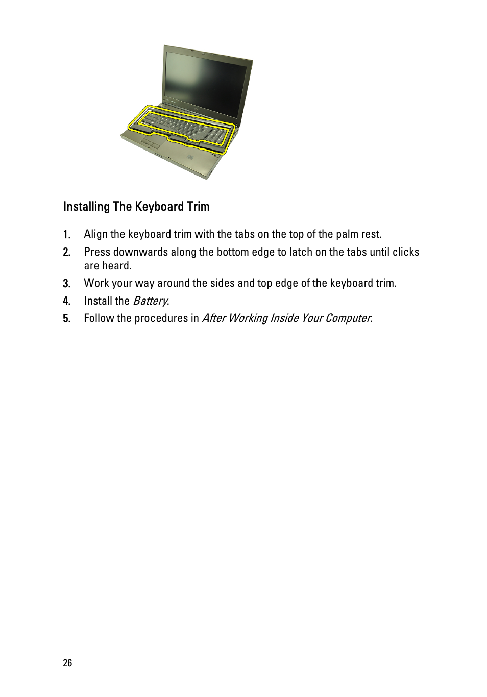 Installing the keyboard trim | Dell Precision M4600 (Early 2011) User Manual | Page 26 / 142