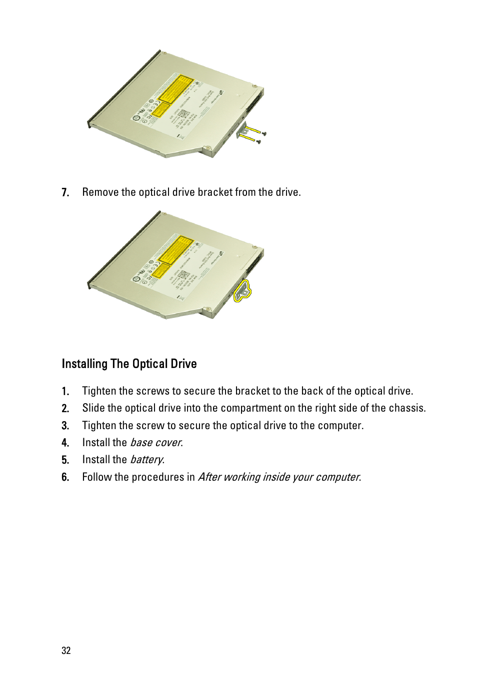Installing the optical drive | Dell Precision M4600 (Early 2011) User Manual | Page 32 / 142