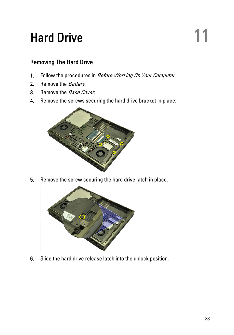 Hard drive, Removing the hard drive, 11 hard drive | Dell Precision M4600 (Early 2011) User Manual | Page 33 / 142