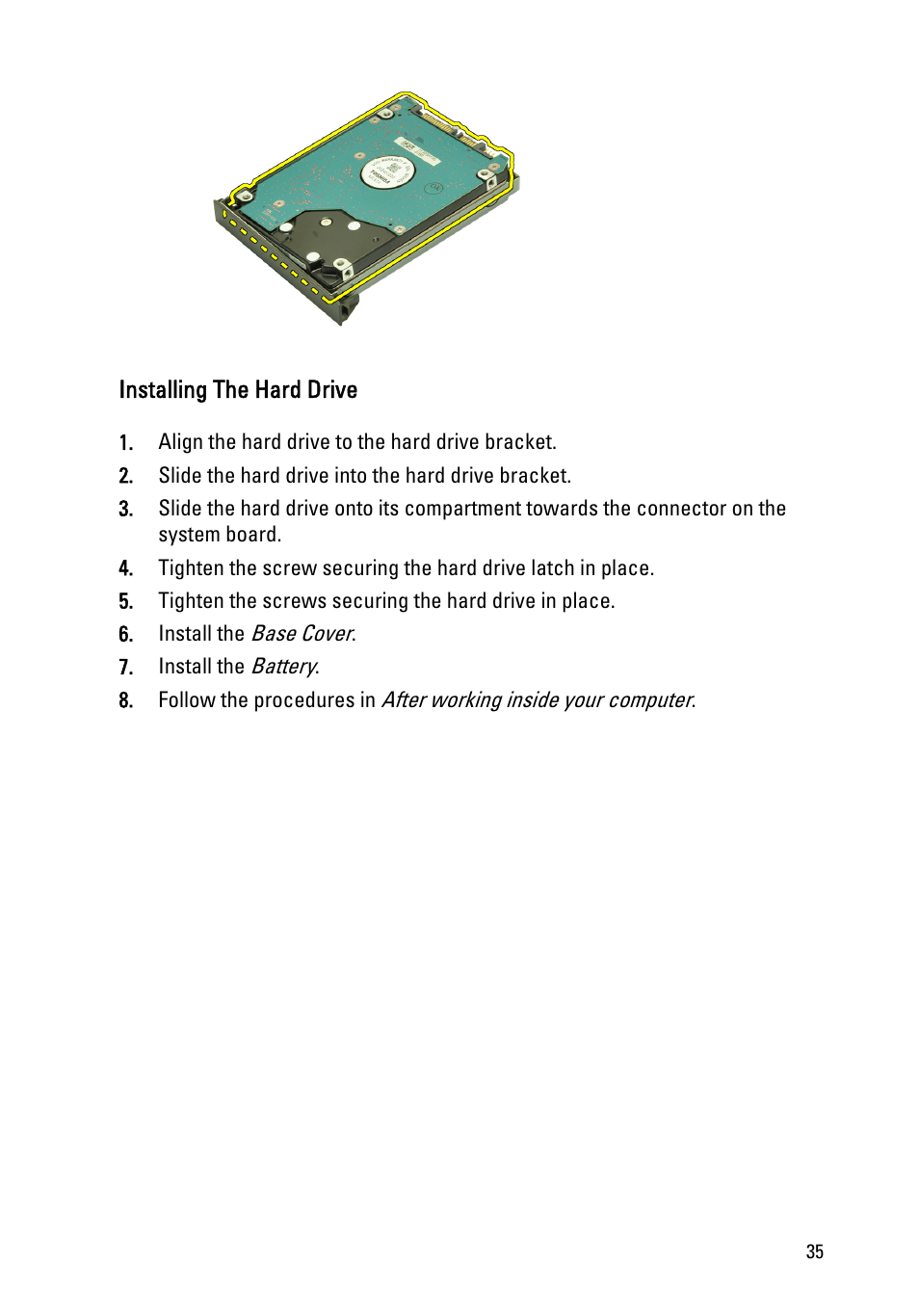 Installing the hard drive | Dell Precision M4600 (Early 2011) User Manual | Page 35 / 142