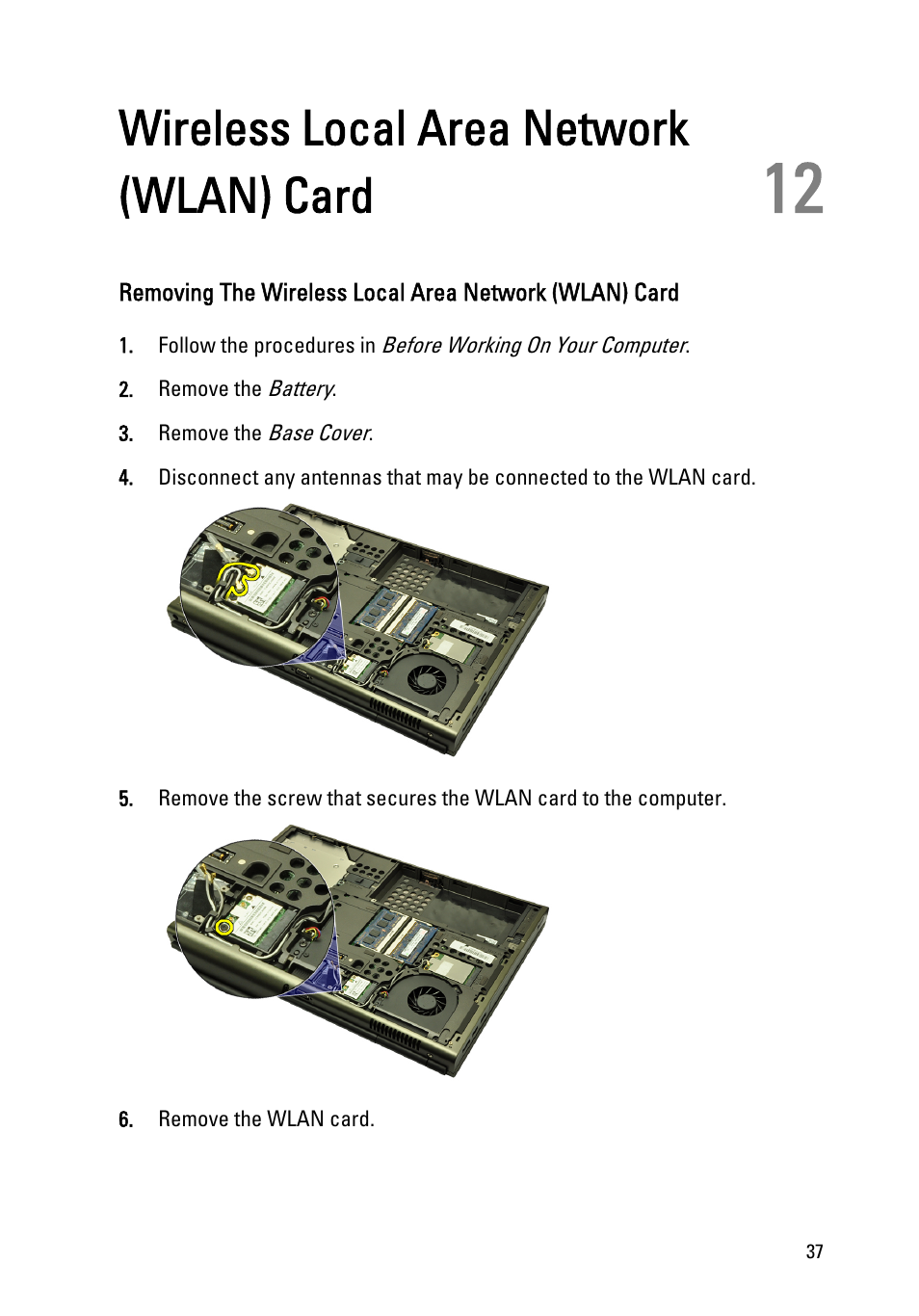 Wireless local area network (wlan) card, 12 wireless local area network (wlan) card | Dell Precision M4600 (Early 2011) User Manual | Page 37 / 142