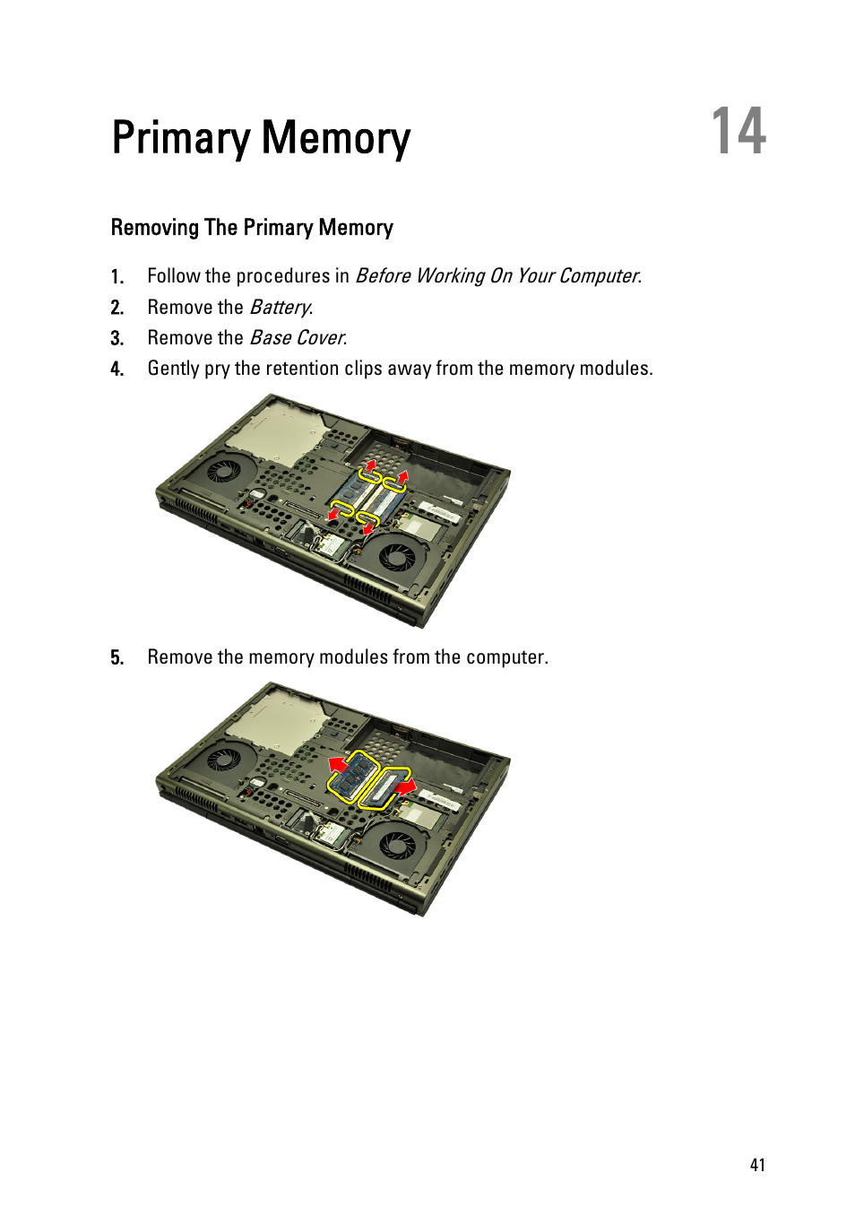 Primary memory, Removing the primary memory, 14 primary memory | Dell Precision M4600 (Early 2011) User Manual | Page 41 / 142
