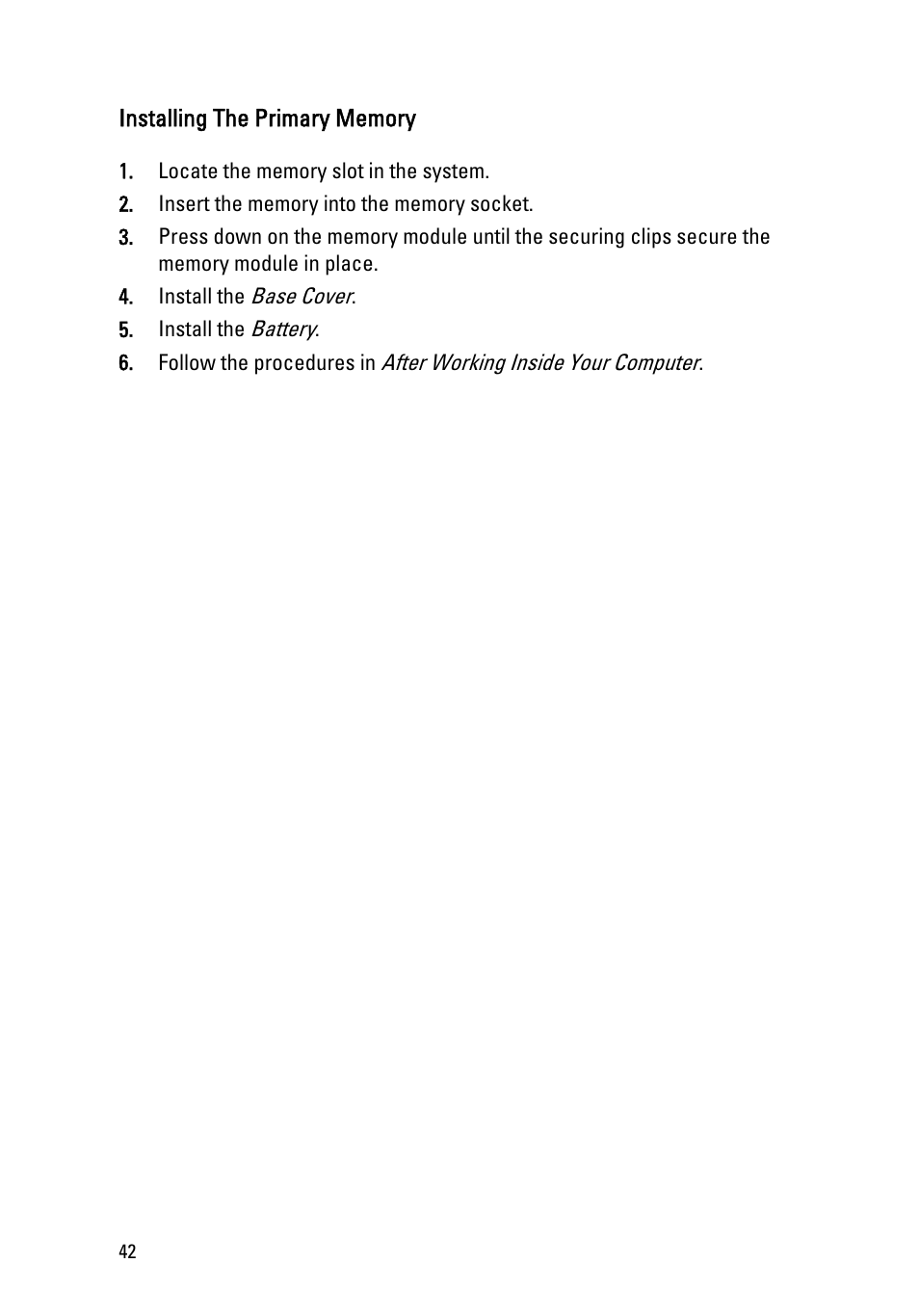 Installing the primary memory | Dell Precision M4600 (Early 2011) User Manual | Page 42 / 142