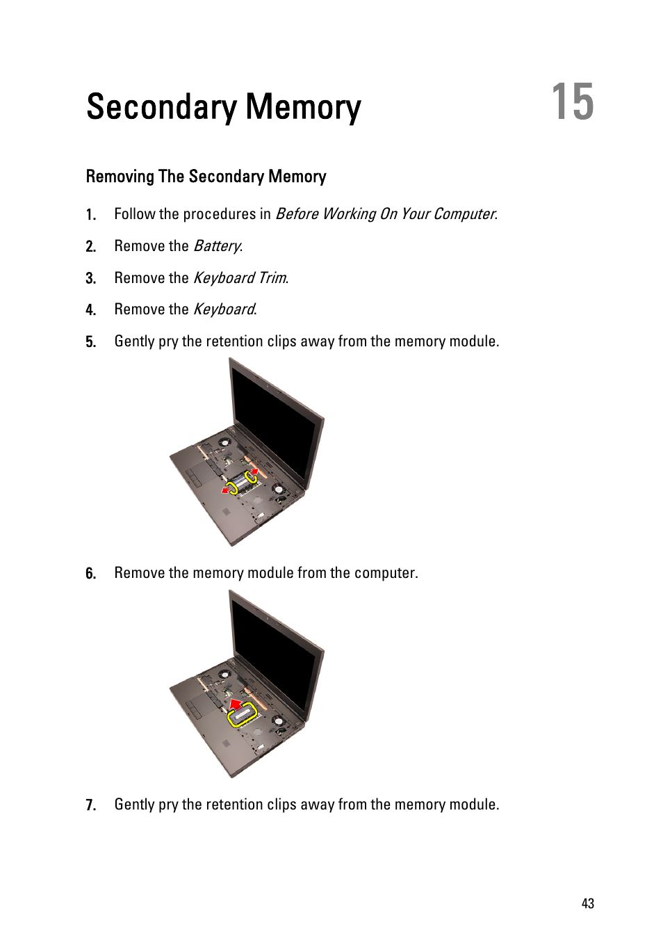 Secondary memory, Removing the secondary memory, 15 secondary memory | Dell Precision M4600 (Early 2011) User Manual | Page 43 / 142