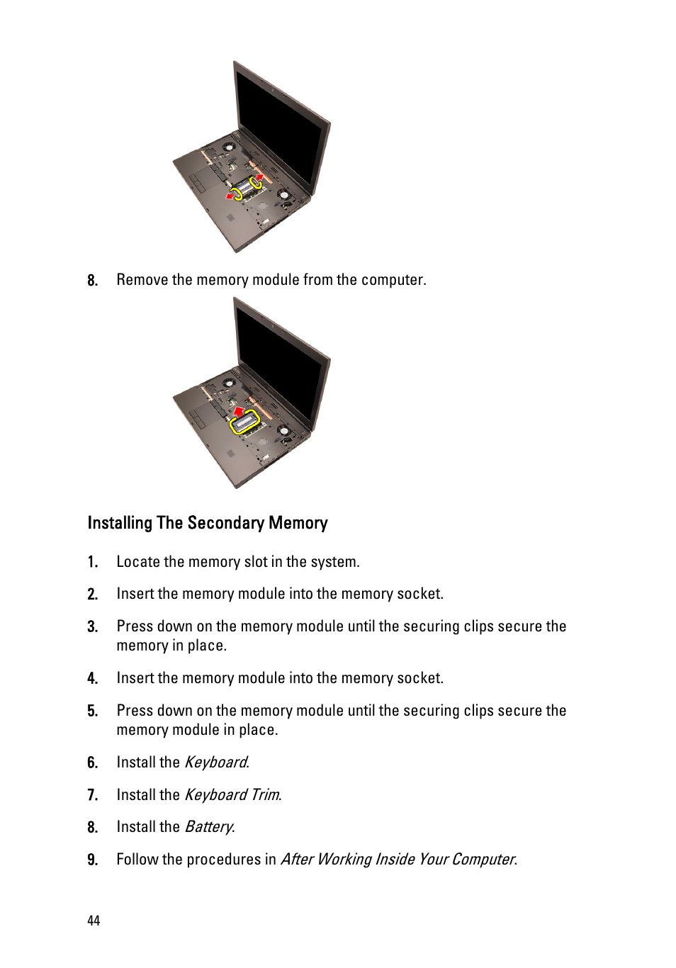Installing the secondary memory | Dell Precision M4600 (Early 2011) User Manual | Page 44 / 142