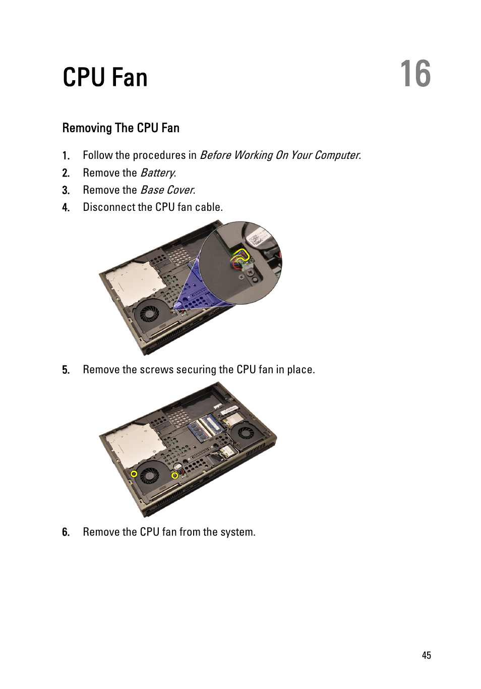 Cpu fan, Removing the cpu fan, 16 cpu fan | Dell Precision M4600 (Early 2011) User Manual | Page 45 / 142