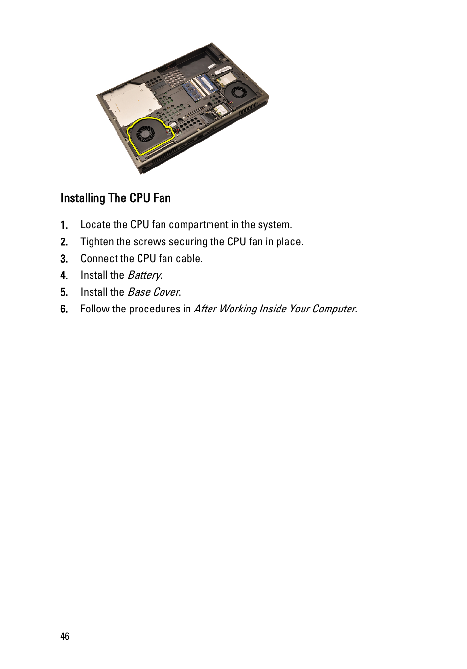 Installing the cpu fan | Dell Precision M4600 (Early 2011) User Manual | Page 46 / 142