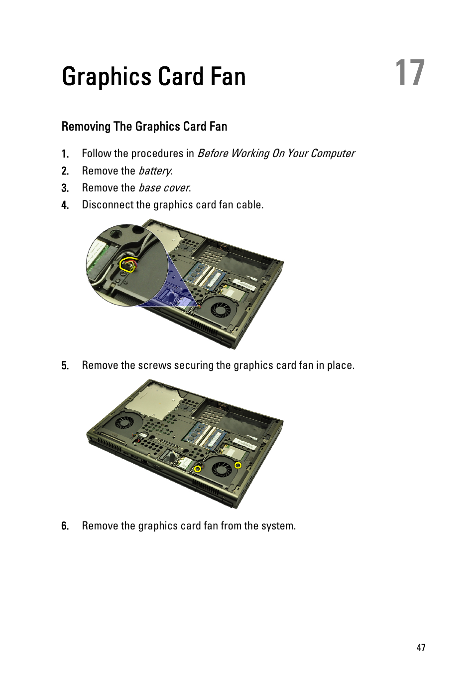 Graphics card fan, Removing the graphics card fan, 17 graphics card fan | Dell Precision M4600 (Early 2011) User Manual | Page 47 / 142