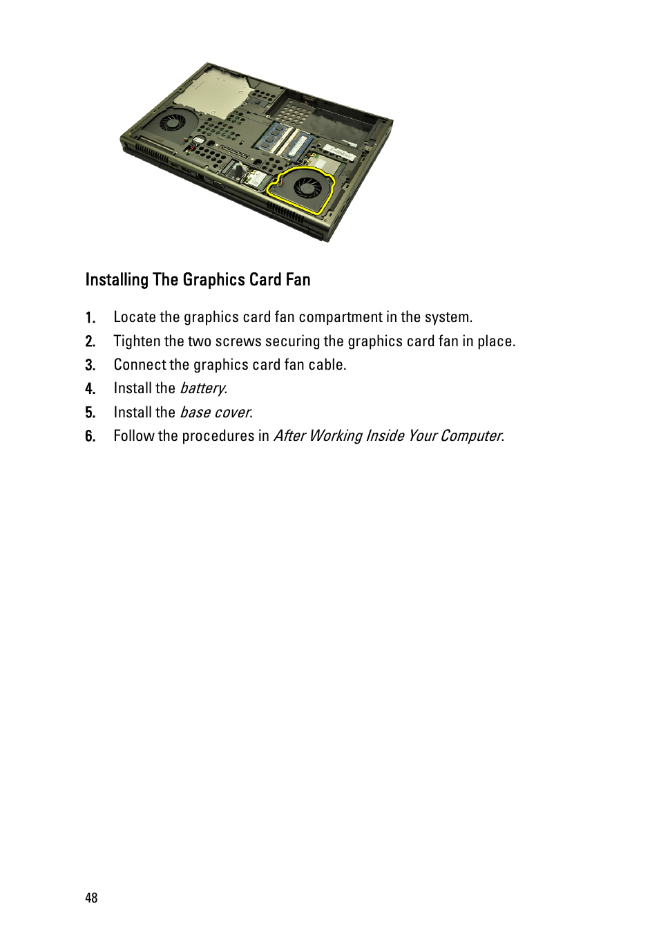 Installing the graphics card fan | Dell Precision M4600 (Early 2011) User Manual | Page 48 / 142