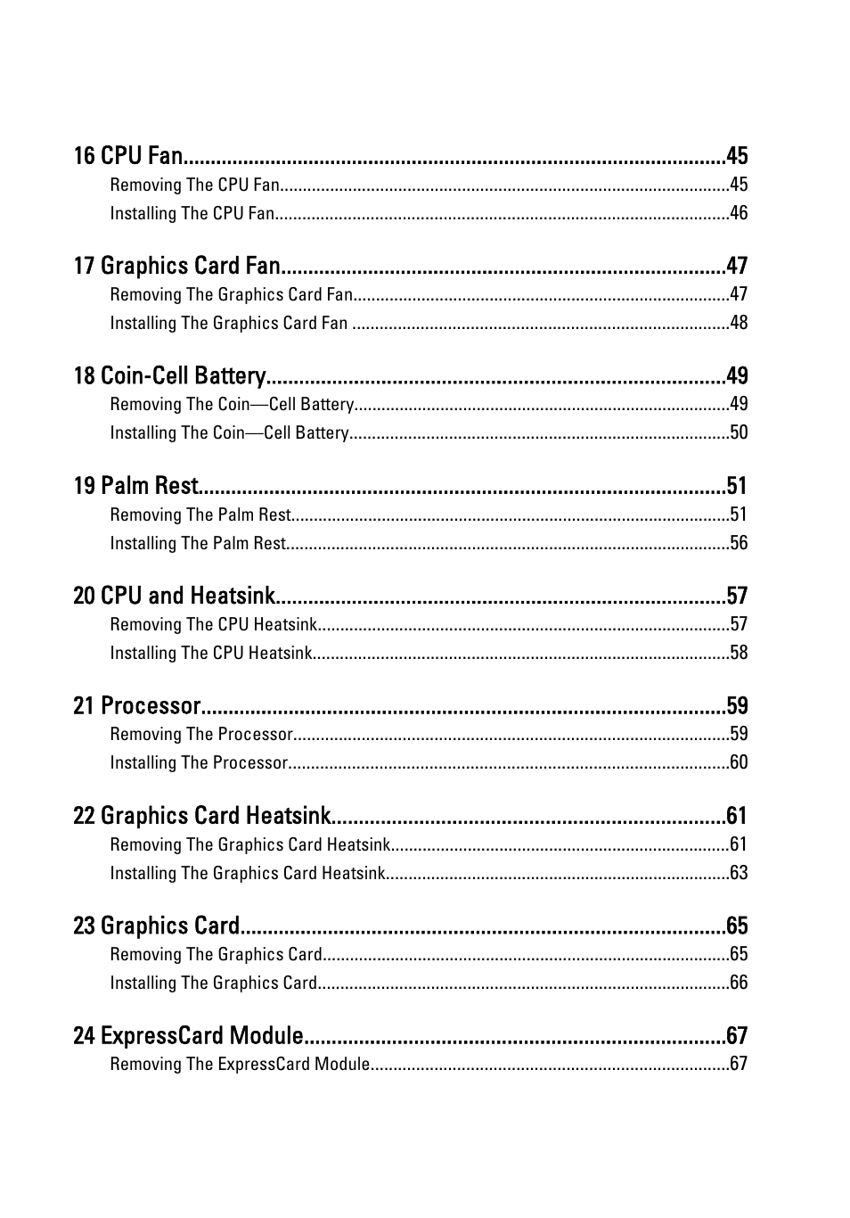 16 cpu fan, 17 graphics card fan, 18 coin-cell battery | 19 palm rest, 20 cpu and heatsink, 21 processor, 22 graphics card heatsink, 23 graphics card, 24 expresscard module | Dell Precision M4600 (Early 2011) User Manual | Page 5 / 142