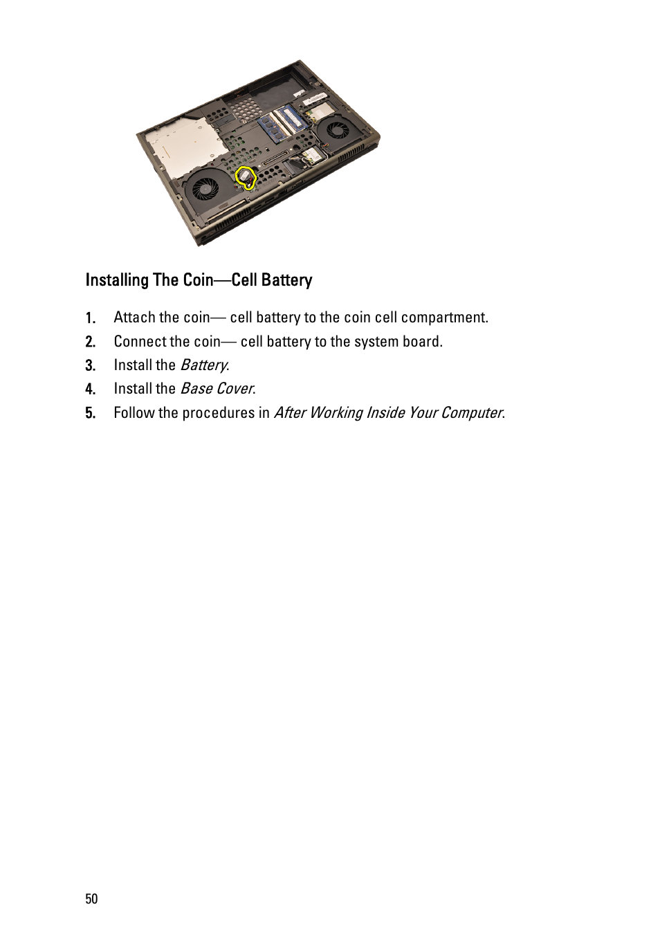 Installing the coin—cell battery | Dell Precision M4600 (Early 2011) User Manual | Page 50 / 142