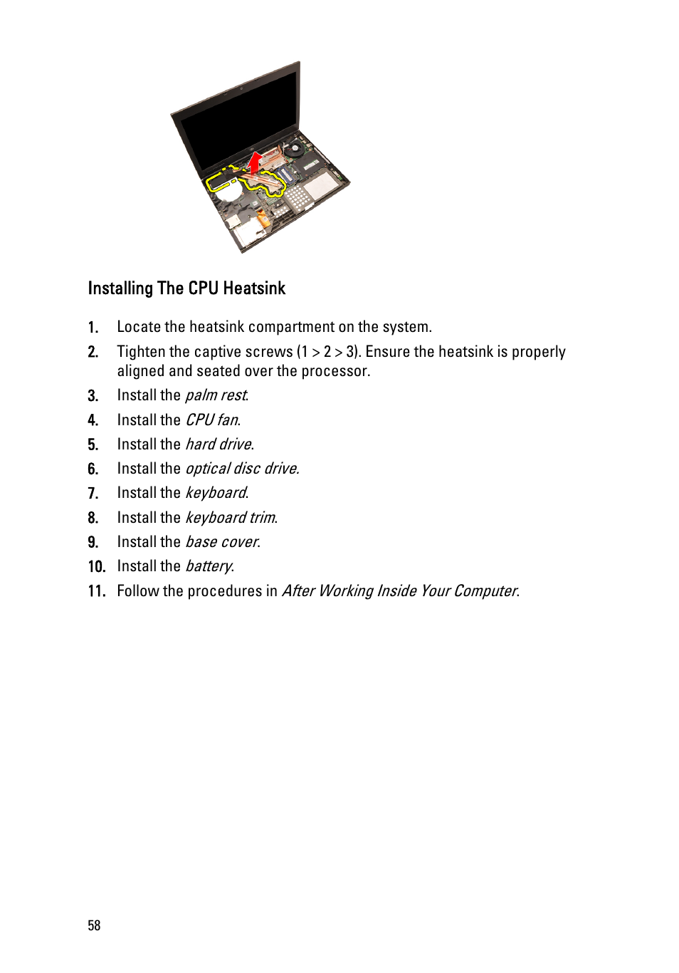 Installing the cpu heatsink | Dell Precision M4600 (Early 2011) User Manual | Page 58 / 142