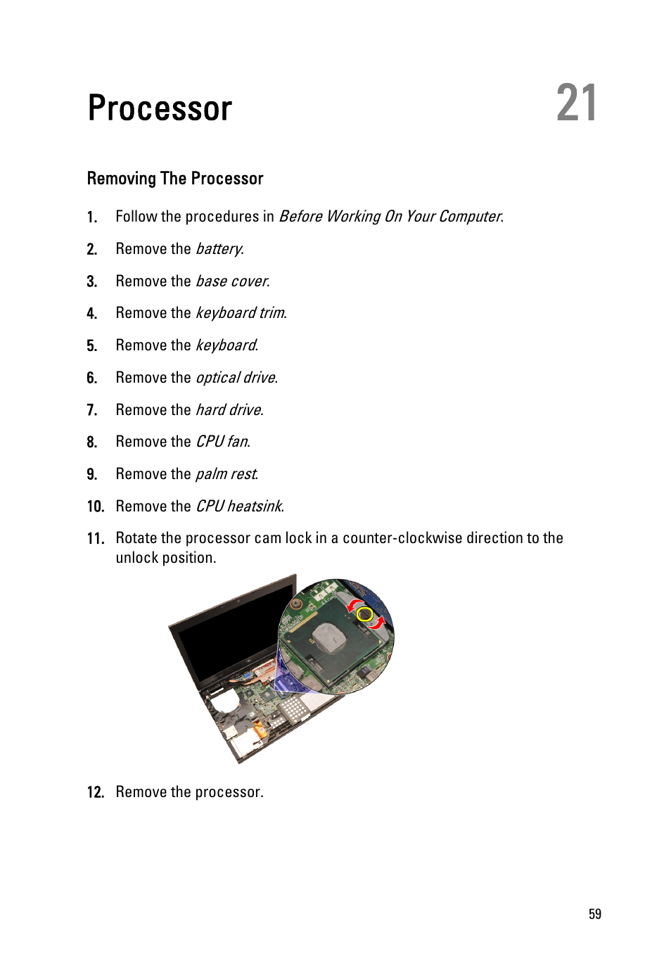 Processor, Removing the processor, 21 processor | Dell Precision M4600 (Early 2011) User Manual | Page 59 / 142