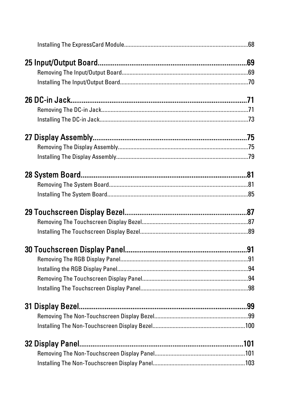 25 input/output board, 26 dc-in jack, 27 display assembly | 28 system board, 29 touchscreen display bezel, 30 touchscreen display panel, 31 display bezel, 32 display panel | Dell Precision M4600 (Early 2011) User Manual | Page 6 / 142